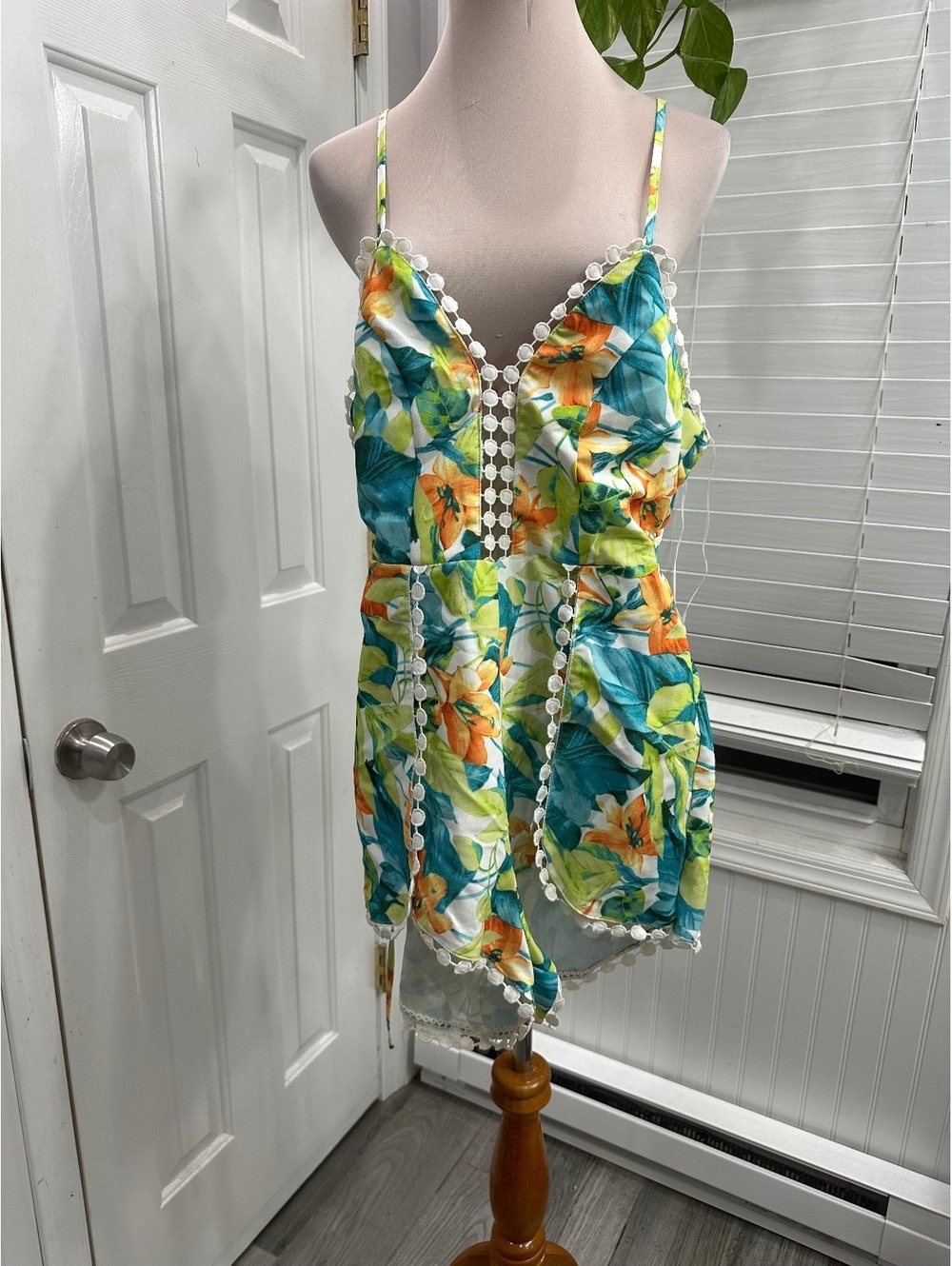 Luxxel Floral Print White One-Piece Romper with Pom Pom Trim Size S